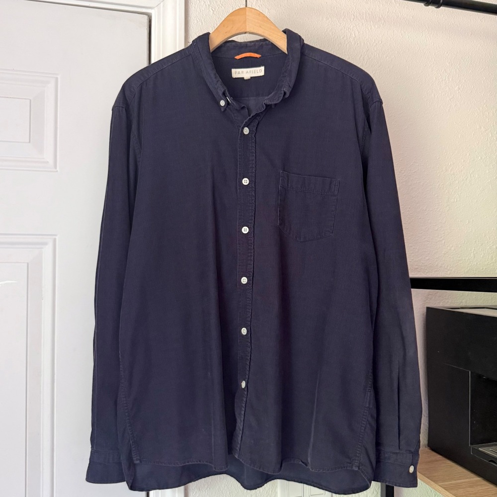 FAR AFIELD navy indigo blue cotton corduroy long sleeve button up shirt